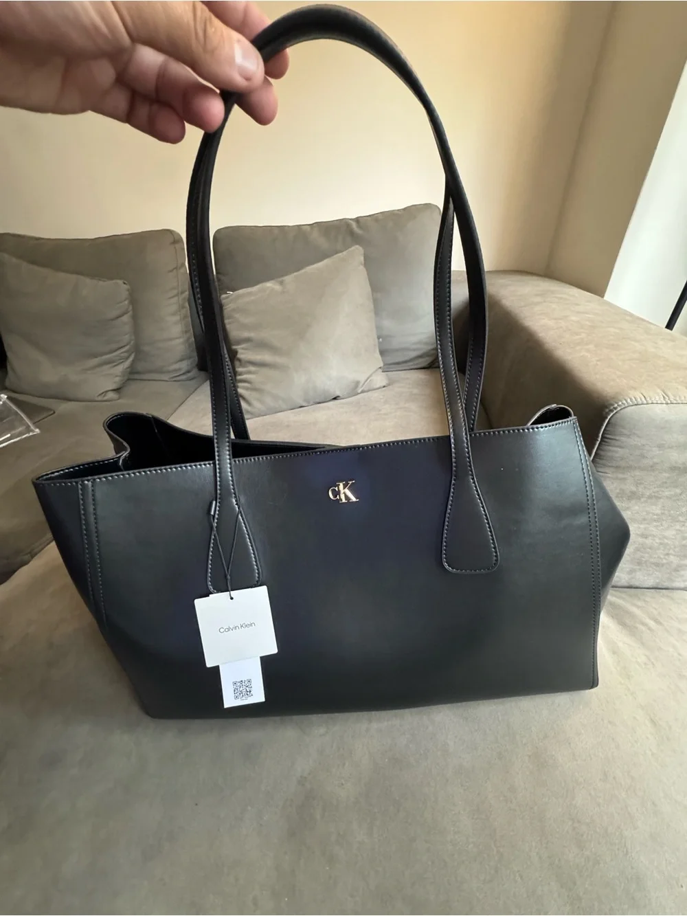 Calvin Klein Black Leather Shoulder Tote with Gold Logo